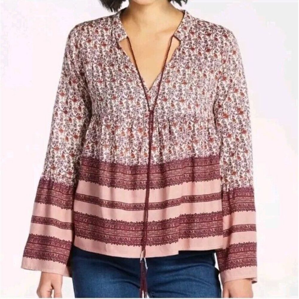 Blue Rain Bohemian Floral Mixed Print Flowy Top Bell Long Sleeves Women's Size L